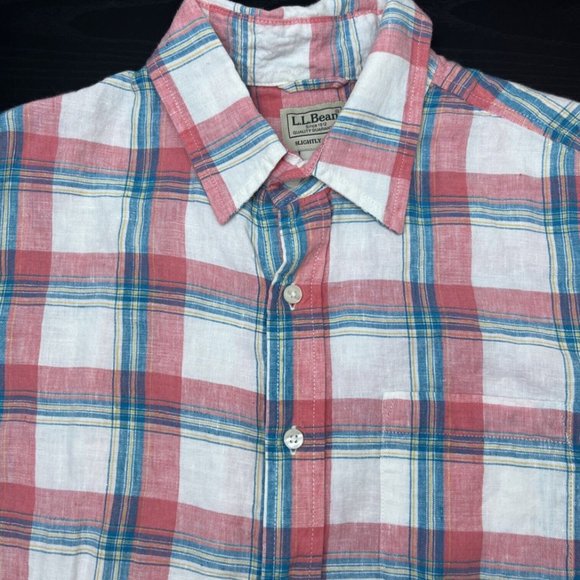 L.L. Bean Mens Medium Regular Fit Linen Pink & Blue Plaid Short Sleeve Button-Up - Picture 1 of 4